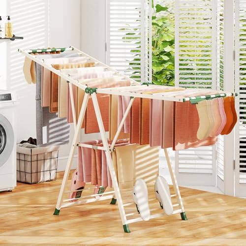 GIANTEX Foldable Metal Clothes Drying Rack, 72.5" Height Adjustable Wings - color: Beige, size: 72.5"L x 39"-66"H