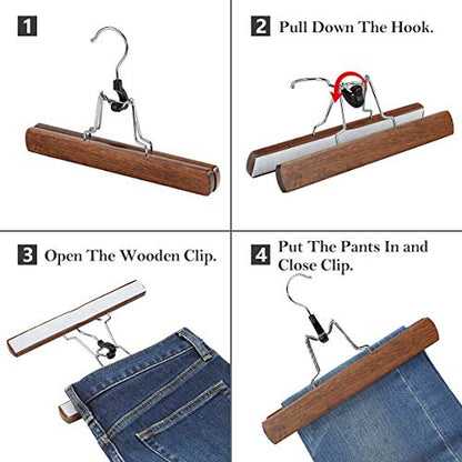 AMKUFO 20 Pack Wooden Pants Hangers with Clips Non Slip Skirt Hangers Trouser Clamp Hanger Solid Wood Hanger with 360° Swivel Hook Walnut - color: Walnut, size: 20 Pack