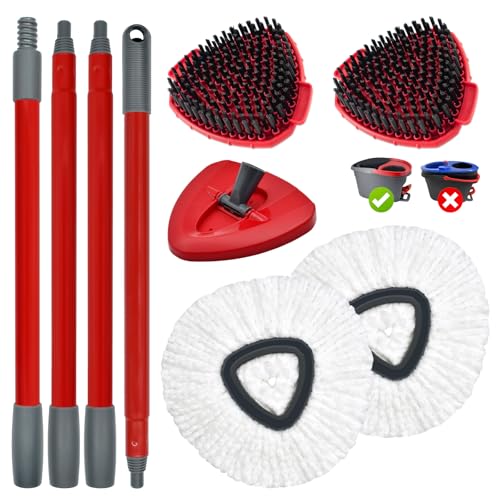Spin Mop Handle,Mop Replace Heads,Brush and Base Compatible with O Cedar EasyWring 1 Tank,2 Microfiber Mop Refills and Brush,4-Section 30-58" Mop Handle,Mop Base Combo Set for Wet/Dry Floor Cleaning - size: 1Handle+2Refills+1Base+2Scrub Brush（1 Tank Syste