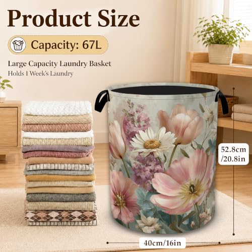 Pink Daisy Floral Large Laundry Hamper, Collapsible Oxford Clothes Basket with Handles, Freestanding Dirty Clothes Organizer for Bedroom Bathroom Dorm Laundry Room, 16 x 20.8 Inch - color: Pink Daisy Floral