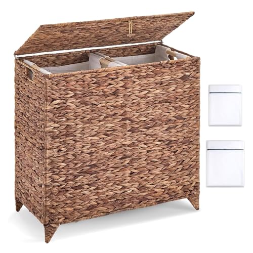 Large Laundry Hamper with Lid and 2 Removable Liner Bags, Natural Handwove Water Hyacinth Clothes Hamper,Wicker Laundry Basket, Foldable, Heightened Feet,Rattan Clothes Laundry Basket - color: Espresso, size: 120L