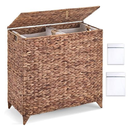 Large Laundry Hamper with Lid and 2 Removable Liner Bags, Natural Handwove Water Hyacinth Clothes Hamper,Wicker Laundry Basket, Foldable, Heightened Feet,Rattan Clothes Laundry Basket - color: Espresso, size: 120L