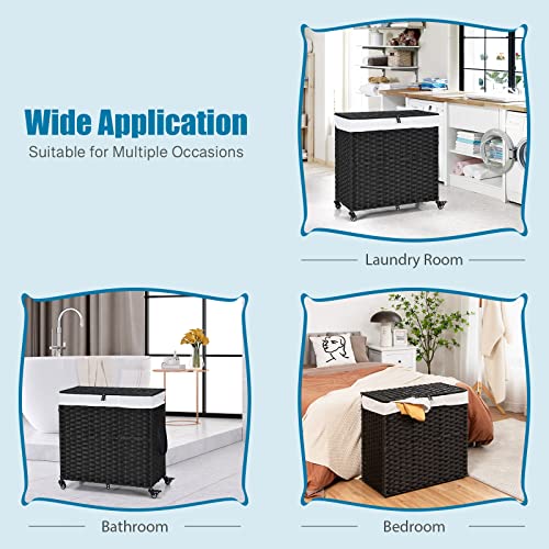 GOFLAME Laundry Hamper with Lid and Wheels, 125L Hand Woven Rattan Laundry Basket with 3 Divided Sections, Handles, 2 Removable and Washable Liner Bags, Dirty Clothes Hamper for Bedroom (Black)