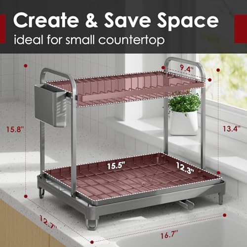 Sakugi Dish Drying Rack 2-Tier 15" x11.4" x15" Gray Double Rod - color: Gray, size: X-Large
