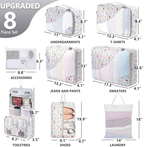 OlarHike 8 Set Packing Cubes for Travel,Gifts for Women Mom,Anti-Tearing Suitcase Organizer,with Over 1000 pcs Mesh Holes,Vacation Essentials & Accessories for Cruise Ship - color: 02 Flower