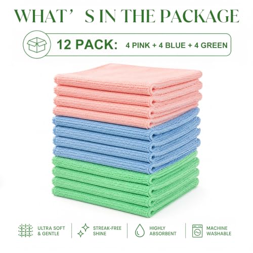 Microfiber Cleaning Cloths, Ultra-Soft and Highly Absorbent, Streak-Free, Lint-Free, Scratch-Free, Washable, for Car Detailing and Glass Cleaning,12" x 12", Green/Blue/Pink, 12-Pack