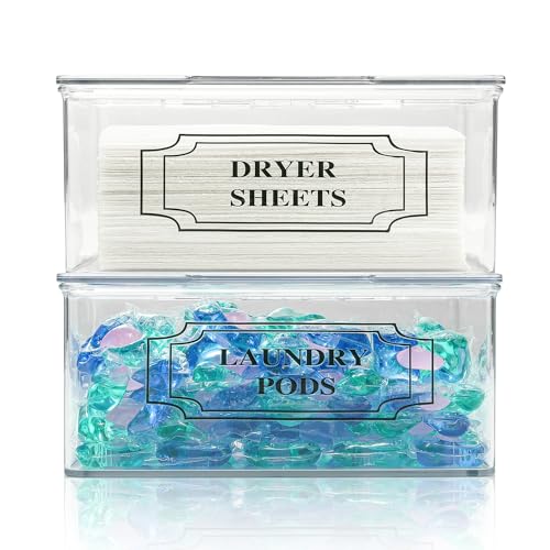 SSTATES Clear Acrylic Dryer Sheets Holder, Flip-top Laundry Pods Container with 2 Label Decals for Laundry Room Organization and Décor, Stackable Storage Box (2 Pack) - size: 2 Pack