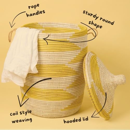 Large Woven Storage Basket, Yellow and White Senegal Wicker Basket for Towels and Blankets, 18" W x 23" H - color: Yellow White