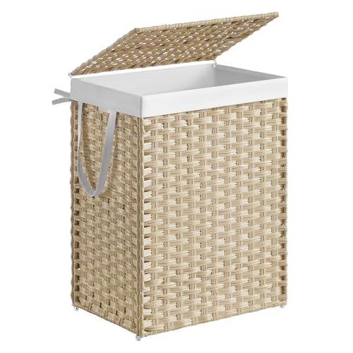 SONGMICS Laundry Hamper with Lid, 23.8 Gal (90 L) Synthetic Rattan,Foldable - color: Summer Sand, size: 90 L