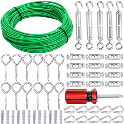 Elsjoy 100FT Cable Wire Turnbuckle Kit, 1/8" Green PVC Coated Wire Rope M5 Turnbuckle Tensioner Kit, Stainless Steel Outdoor Hanging Cable for Grape Vine, Clothes Line, Garden