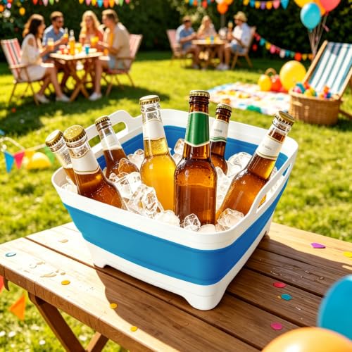 FOSJGO Collapsible Dish Basin with Drain Plug, Foldable Sink, 2.4 Gal (9L) - color: Sky Blue
