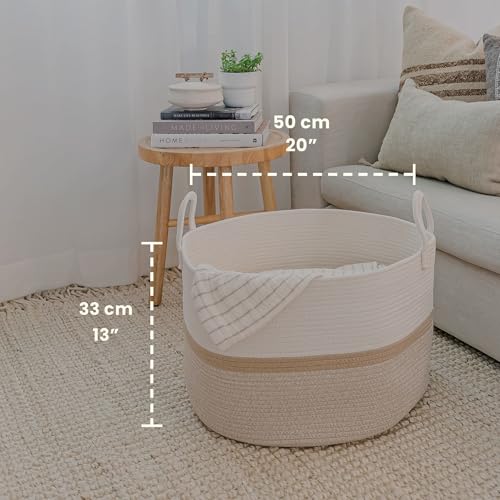 OrganiHaus Round Toy Basket & Blanket Basket, Cotton Rope 20x13" - color: Striped Honey, size: Wide