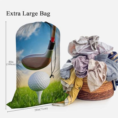Swono Golf Ball Extra Heavy Duty Laundry Bag, Driver Hit Golf Ball On Tee Green Grass X-Large Dirty Clothes Drawstring Bag with Tear Resistant Fabric, Washable Laundry Liner for Hamper, Ideal for - color: Golf Ball