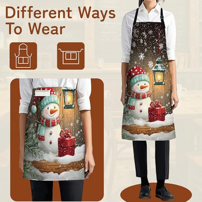 Cooking Aprons for Men and Women,Adjustable Bib Chef Apron with 2 Pockets, Soft and Durability Kitchen Apron - color: Christmas Cute Snowman Snowflake