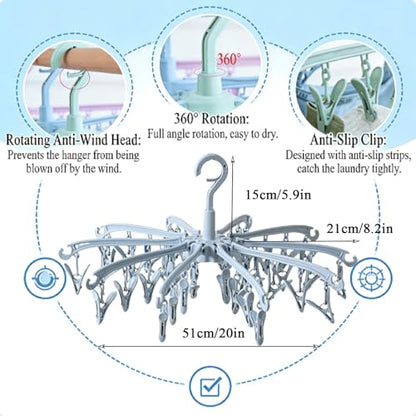 Clothes Sock Drying Hanger with 40 Clips,Foldable Hanging Rack - color: Blue40