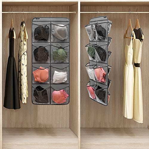 Dual-Sided Hanging Closet Organizer for Socks Underwear Bra Kids Storage Organizer for Baby Clothes Toddler Shoes with 26 Pockets (Grey-Clear Pockets) - color: GREY