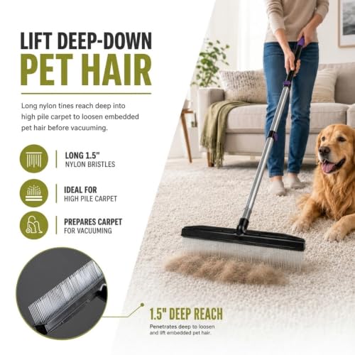 Room Groom PET Carpet Rake and Groomer with Telescoping 54 Inch Adjustable Handle, Rugs, and Artificial Turf, Purple Grip, Black/Purple - style: Purple Handle