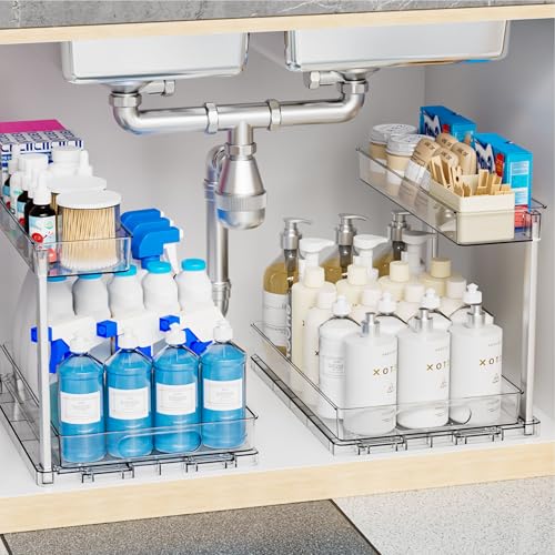 Yieach 2 Pack 14.6″ Deep Pull Out Under Sink Organizer,10.8″ High 2 Tier Slide Out Cabinet Organizer for Kitchen Cabinet,Undersink Organizers,Under Sink Shelves,Bathroom Organizers and Storage,Clear - size: 10.8 In High
