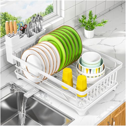 Kmiectse Dish Drying Rack for Small Kitchen Counter with Utensil Holder - color: White