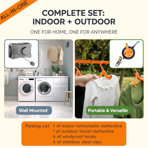 YUKI Retractable Clothesline Indoor Outdoor Clothes Line Kit, Heavy Duty Clothes Drying Laundry Line 16.7ft Wall Mounted Drying Rack Non-Sagging Air Dry Clothing Travel Clotheslines (Metal Grey) - color: Metal Grey