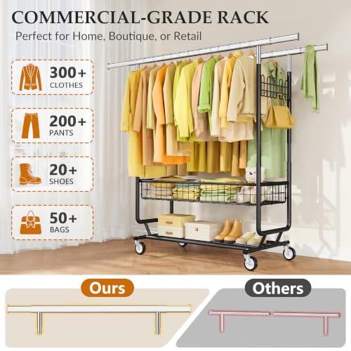 Gewudraw Clothes Rack Heavy Duty Load 1060 LBS With Wheels,Commercial,Black - color: Black, style: Double Rod & Shelves