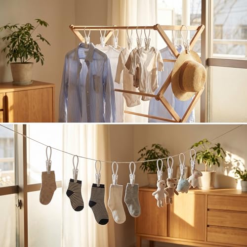 Nogeqi 24 Pack Hanger Clips for Baby Clothes Pants, Hanging Clips for Baby Hangers with Plastic Rope Hooks, Space-Saving Organizer for BabiesToddler Laundry, Closet, Socks Pants