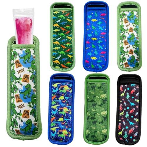 6-Piece Neoprene Insulator, Multicolor Ice Pop Stick Sleeves for Kids, Freezer Reusable Popsicle Covers - color: Jurassic Adventure