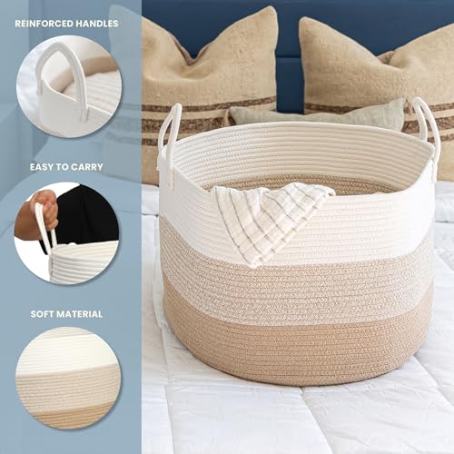 OrganiHaus Round Toy Basket & Blanket Basket, Cotton Rope 20x13" - color: 3-toned Honey, size: Wide