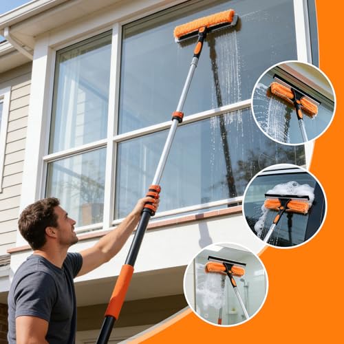 18FT High Reach Duster Kit with 3-12FT Flip-Lock & Screw Dual Locking Extension Pole, Cobweb Duster, Washable Ceiling Fan Cleaner & Window Squeegee for Glass & High Roof - size: 3-12FT