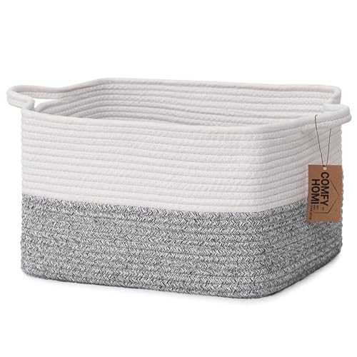 COMFY-HOMI Cotton Rope Woven Basket with Handles for Shelves,Toys,Book, Cloth Storage Baskets Bin for Organizing- 1 PCSToy Decorative Organizer for Living Room, Bathroom - color: White/Grey, size: 13.5"X11"X9.5"