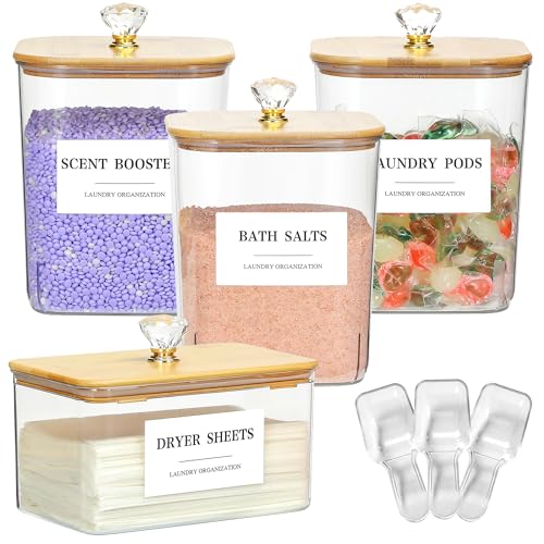 4 Pack Clear Laundry Pods Container & Dryer Sheet Holder Set with Lid, Laundry Containers with Scoops & Labels, Laundry Room Organization and Storage for Laundry Detergent, Pods, Powder, Beads - color: 4 Pack with Printed Labels