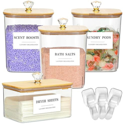 4 Pack Clear Laundry Pods Container & Dryer Sheet Holder Set with Lid, Laundry Containers with Scoops & Labels, Laundry Room Organization and Storage for Laundry Detergent, Pods, Powder, Beads - color: 4 Pack with Printed Labels