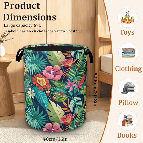 Summer Tropical Flowers Large Capacity Laundry Basket with Handles, Waterproof Foldable Laundry Hamper for Clothes Storage, Ideal for Bedroom Bathroom Dorm - color: Tropical Flowers Leaves