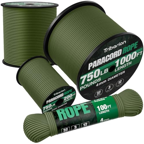 Paracord Rope 750 lb - 1000ft 5/32" Parachute Cord 4MM 12-Strand para Cord - Heavy Duty Spool String for Survival,Camping Gear, Survival Bracelet, Clothesline - Army Green - color: Army Green, size: 1000ft