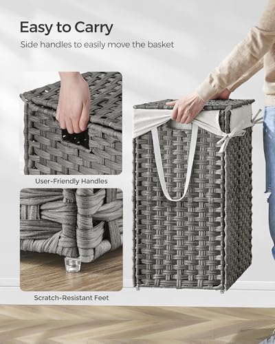 SONGMICS Laundry Hamper with Lid, 23.8 Gal (90 L) Synthetic Rattan,Foldable - color: Dove Gray, size: 90 L