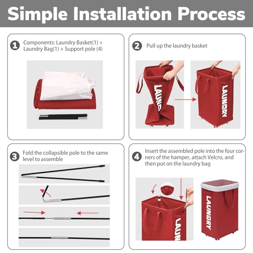 Goodpick 75L Collapsible Laundry Baskets with Wheels and Removable Wash Bag - color: Red 1-Pack