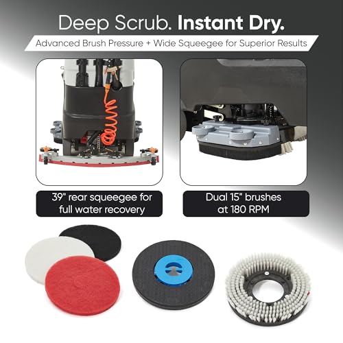 Battery Powered Ride-On Commercial Floor Scrubber Machine, 30" Brush, 39" Squeegee Width, 24 gal Solution Tank, 25 gal Recovery Tank, 5 hr Use 8 hr Charge, 180 RPM, 52,000 Sqft/H, Batteries Included - size: 30"