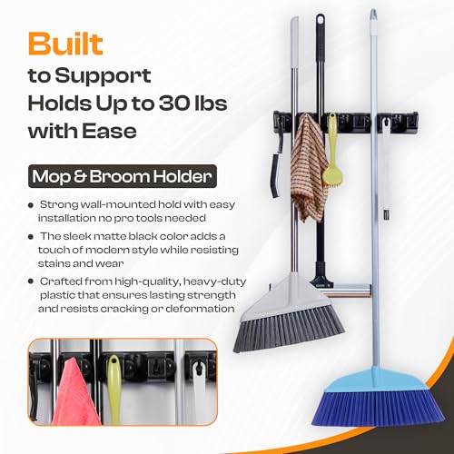 ABS Plastic Broom Holder Wall Mount, 5 Slots & 6 Hooks - size: 5 Slots & 6 Hooks