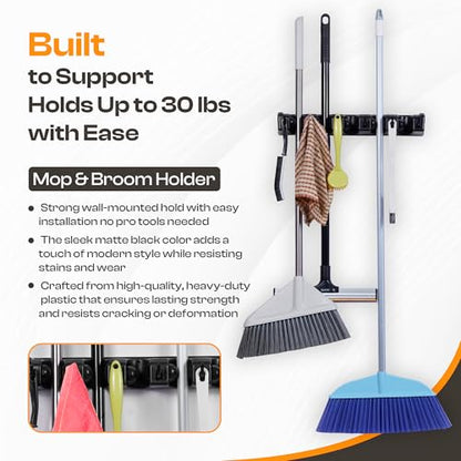 ABS Plastic Broom Holder Wall Mount, 5 Slots & 6 Hooks - size: 5 Slots & 6 Hooks