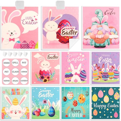 Easter Swedish Dishcloth Set of 10, Super Absorbent Swedish Kitchen Dish Cloths Reusable Paper Towels Cleaning Rags for Dishes Quick Drying, Easter Cute Bunny Rabbit Egg Prints Decorative Wipes - color: 10 Pack-easter Bunny+ Clips