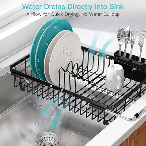 JASIWAY Black Dish Drying Rack Over the Sink with Utensil Holder - color: Black, size: For 12.5"-30"w Sink, Expandable