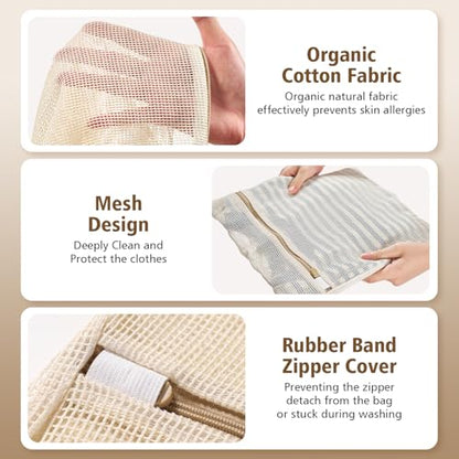 HEAVYWOOD 5-Piece Cotton Mesh Landry Bag Organic Wash Bag for Washing Machine Lingerie Bags for Washing Delicates with Sturdy Anti-Rust Zipper Clothes Washing Bag (5Bags) - size: Mini*Small*Medium*Large*X-Large