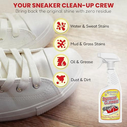 Grandma's Secret Shoe Cleaner - Stain Remover Spray for Rubber, Canvas and Leather - Removes Dirt, Grime and Grass - Sneakers Cleaner for Outdoor Shoes, Slippers and Moccasins 16 oz - size: 16.00 Fl Oz (Pack of 1), style: Sneaker Cleaner
