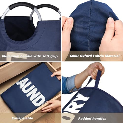 Maxsilan 90L Large Laundry Basket Bag, Collapsible Tall Hamper, Dark Blue - color: Dark Blue, size: 90L
