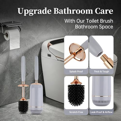 Toilet Brush and Holder Set, Toilet Bowl Brush with Long Handle, High-End Modern Silicone Toilet Brush Set, Non-Scratch Hygienic(Matte White + Silver, A),Father's Day - color: Matte White + Silver