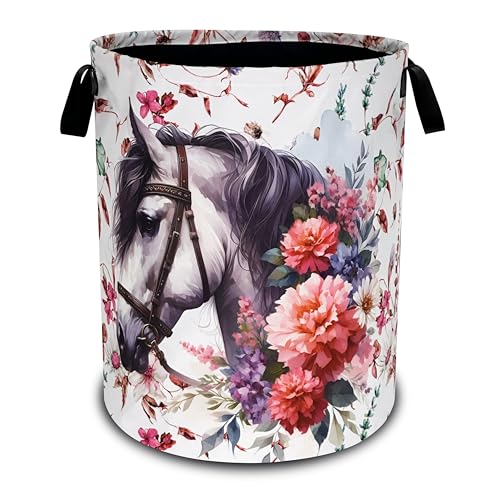 Horse Flowers Laundry Basket Foldable Oxford Cloth Hamper 18.9 x 16.5 Inch - color: White Horse Flowers