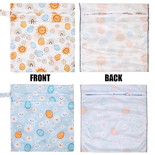 2pcs Travel Waterproof Laundry Bag, Cloth Diaper Wet Dry Bags with Handle 2 Zipper Pockets Washable Dirty Clothes Travelling Hanging Bathing Beach Daycare Yoga Gym Sports Exercise Swimsuits - color: Cartoon 3 White + Blue