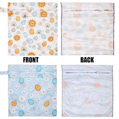 2pcs Travel Waterproof Laundry Bag, Cloth Diaper Wet Dry Bags with Handle 2 Zipper Pockets Washable Dirty Clothes Travelling Hanging Bathing Beach Daycare Yoga Gym Sports Exercise Swimsuits - color: Cartoon 3 White + Blue