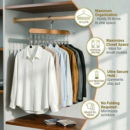 Multi-Functional Closet Organizer with 10 Clips, Space Saving Wooden Hanger for Pants, Leggings, Skirts, Scarves, Hats, Tanks, Socks (2Pcs, Wood) - color: Wood