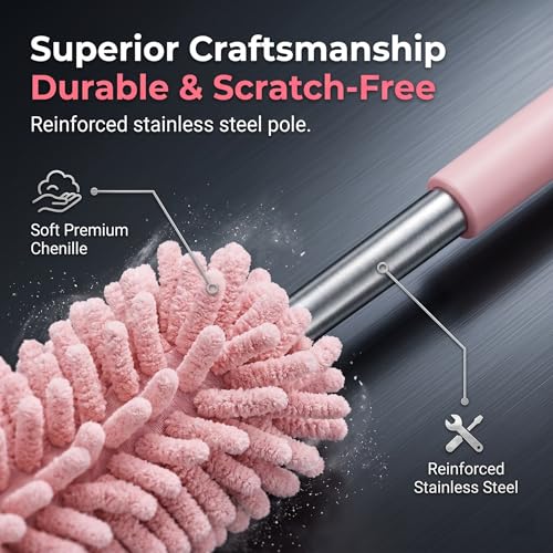 2 PCS Car Interior Duster with Extension Pole, Microfiber Bendable Head Telescopic Cleaning Tool, Scratch Free for Vehicle Interior & Exterior, Universal for Most Cars, Trucks, SUVs (Pink)